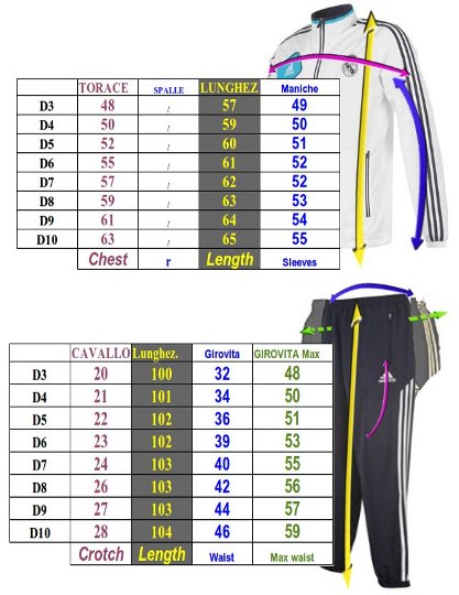 misure tute adidas