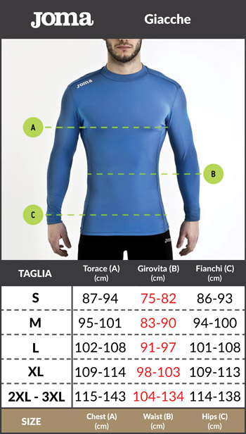 Tabella taglie e misure Felpa allenamento Joma Faraon mezza zip uomo poliestere Felpato