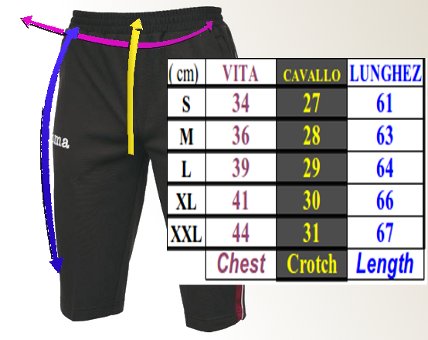 Tabella taglie e misure Pantaloncini Pinocchietto 3/4 Pants Training Joma Pirata Uomo
