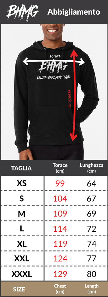 Tabella taglie e misure MAGLIA maglietta t-shirt tempo libero BHMG Billion Headz Music Group ICON Cotone Uomo MADE IN ITALY Bianco