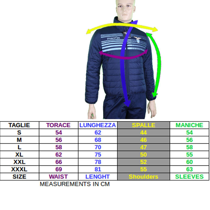 Tabella taglie e misure Bomber Piumino Giubbotto Napoli Blu Originale Macron Uomo ultralight 2014 15 Blu denim