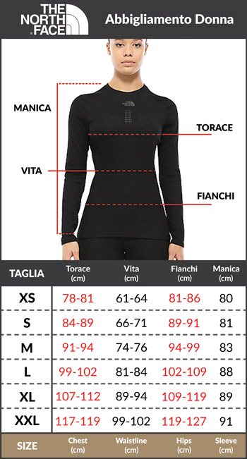 Tabella taglie e misure Piumino Giacca Giubbotto The North Face DIABLO Piuma D oca DONNA Nero