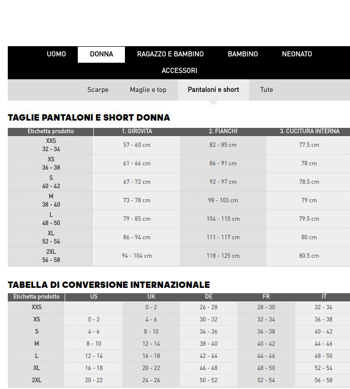 tabella taglie felpe adidas