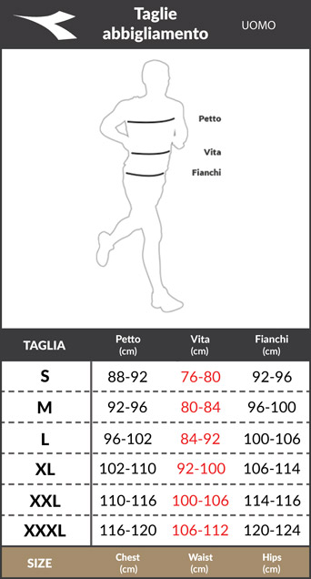 Tabella taglie e misure Tuta sportiva Diadora FZ CORE Uomo Poliestere acetato Nero Rosso Carmine