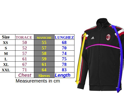 Tabella taglie e misure Giacca Tuta Rappresentanza JUVENTUS FC adidas  Tiro 23 Uomo 2023 24 Giallo