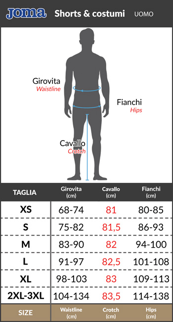 Tabella taglie e misure Pantaloncini Joma CLASSIC PADEL TENNIS MERCHANDISING BERMUDA  con tasche poliestere uomo Nero