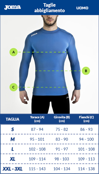 Tabella taglie e misure maglia Termica tecnica JOMA BRAMA ACADEMY maniche lunghe Uomo Blue Navy 331