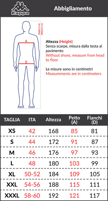 Tabella taglie e misure Bomber Piumino Giubbino kappa Authentic Gamarit Con cappuccio Nero uomo