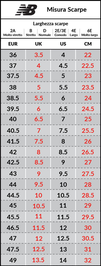 tabella numeri new balance