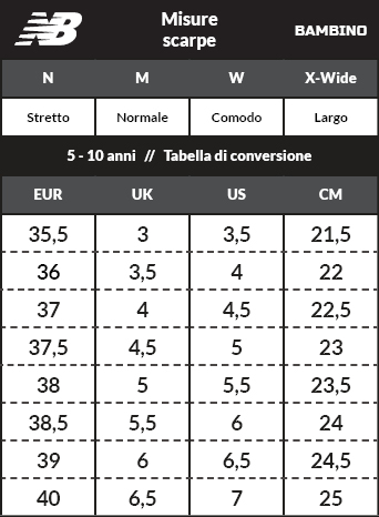 taglie new balance bambino