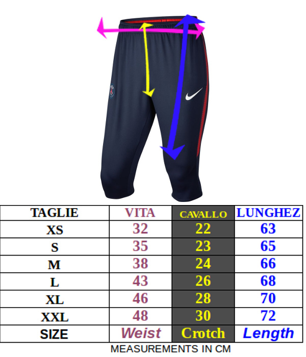 Tabella taglie e misure Pantaloncini 3/4 pants Pinocchietti barcellona FC Nike Dry Squad allenamento uomo originali 2017 18 Amaranto