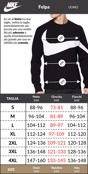 Tabella taglie e misure Felpa sportiva pullover girocollo Nike Pullover Crew Club Fleece Cotone Nero