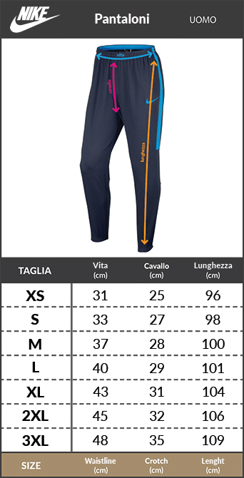 Tabella taglie e misure pantaloni tuta PSG Nike TRAVEL uomo 2022 23 Cotone Nero con tasche