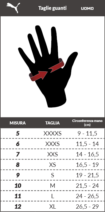 puma field player gloves size chart