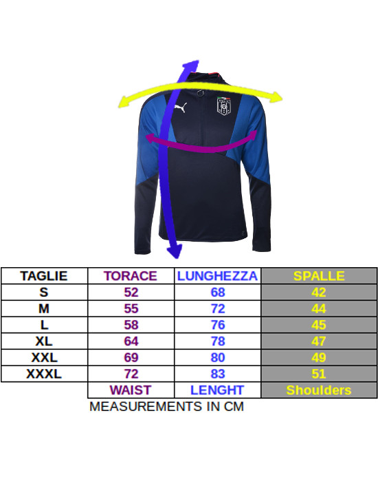 Tabella taglie e misure Felpa Allenamento Top ITALIA FIGC PRE MATCH STADIUM DONNA Puma 2022 AZZURRO