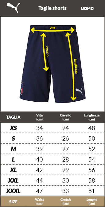 Tabella taglie e misure pantaloncini da passeggio bermuda SVF SVIZZERA Puma FTBL ARCHIVE Cotone Garzato con tasche a zip EUROPEI 2024 Nero