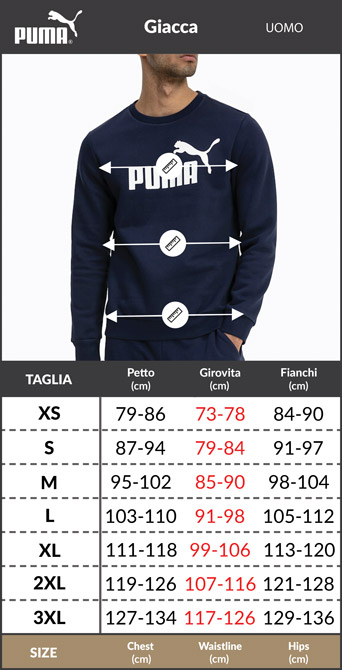 Tabella taglie e misure Felpa Cappuccio Puma Power Cat Fleece Cotone Felpato Uomo uomo Amaranto Nero Bianco