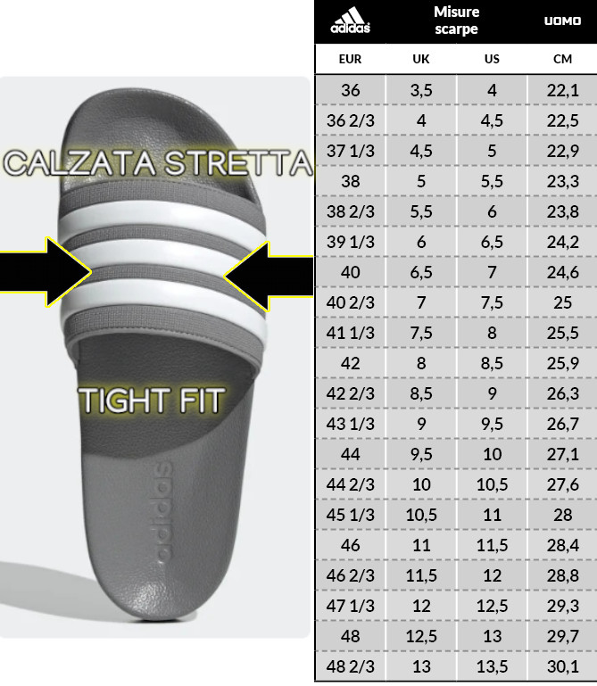 Tabella taglie e misure Ciabatte Zoccoli Adidas ADILETTE CLOG unisex mare piscina nuoto tempo libero gomma Bianco nero