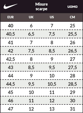 misure scarpe nike uomo